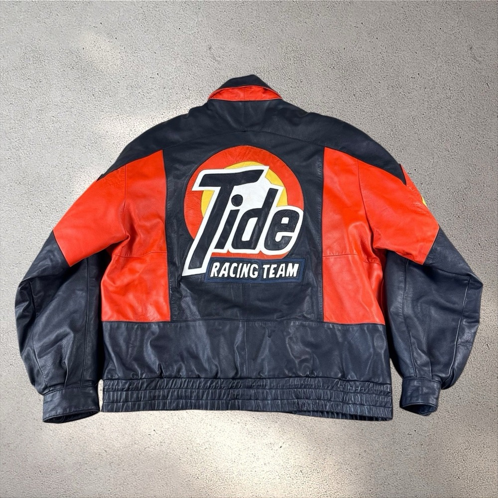 Vintage 90s Tide Racing Team Leather Jacket NASCAR Ricky Rudd Mens XL‎